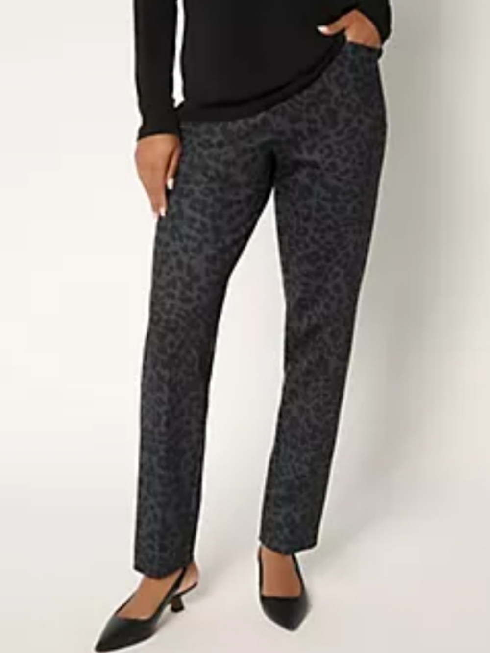 Susan Graver Charcoal Leopard-Print Straight Leg Ponte Knit Pants Petite Small